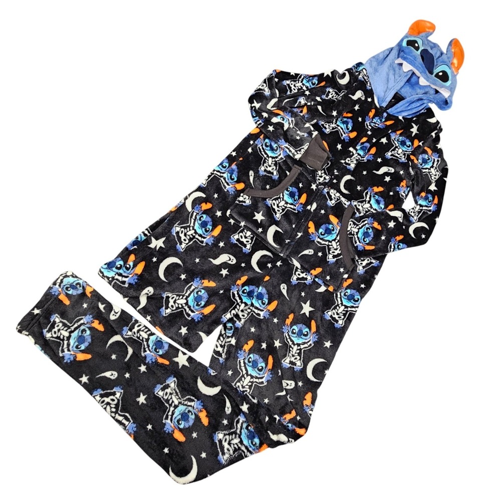 Disney Stitch Halloween Skeleton Union Suit Pajamas M 8-10 Hooded Onesie Costume